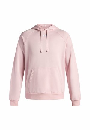Lichtroze pullover hoodie met een voorkant kangaroo pocket, trekkoordkap en klein wit Under Armour-logo op de borst.
