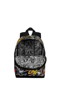 Sac à dos avec une base noire, arborant un imprimé coloré de bandes dessinées à l'extérieur et un intérieur gris avec des panneaux de bande dessinée. Deux bretelles réglables.