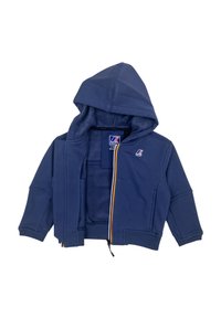 Felpa con cappuccio blu navy realizzata in tessuto felpato, con chiusura a zip, tasche frontali, dettagli colorati sulla zip e cappuccio foderato.