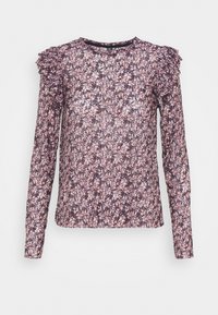 Blumenmuster Bluse mit langen Ärmeln und gerafften Schulterakzenten. Sie hat ein mehrfarbiges Muster auf dunklem Hintergrund und einen runden Ausschnitt.