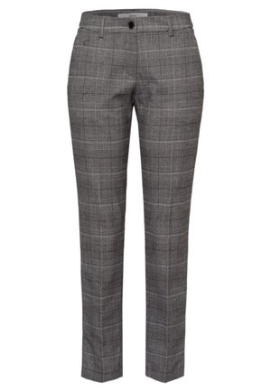 Szare spodnie slim fit z subtelnym wzorem w kratę, szlufkami na pasek, przednim guzikiem, zamkiem błyskawicznym i bocznymi kieszeniami.