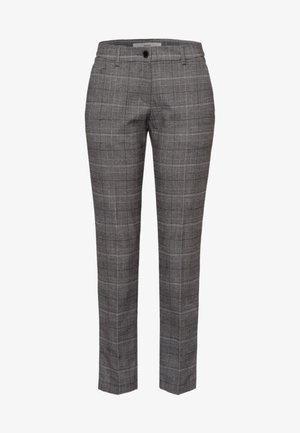 Szare spodnie slim fit z subtelnym wzorem w kratę, szlufkami na pasek, przednim guzikiem, zamkiem błyskawicznym i bocznymi kieszeniami.