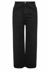 Mustat leveälahkeiset farkut, joissa on sileä denim-kangas, edessä napp closure, sivutaskut ja rento, suora istuvuus.