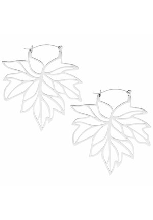 Silver metal hoop earrings shaped like openwork maple leaves with thin detailed veins, shown side by side on a white background.