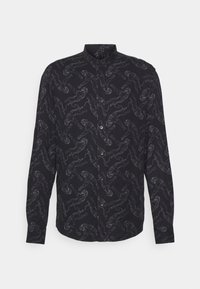 Overhemd met lange mouwen in zwarte stof met een grijs dierenprintpatroon. Kraag met knoopsluiting en voorzijde met zichtbare knopen.