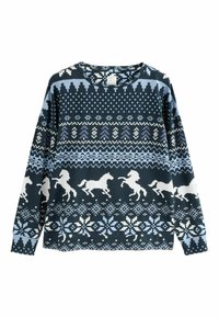 Navy sweater with a round neckline, long sleeves, featuring white unicorns and geometric patterns in light blue and white.