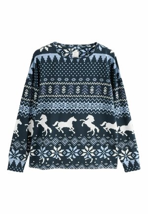 Marineblå sweater med rund halsudskæring, lange ærmer, prydet med hvide enhjørninger og geometriske mønstre i lys blå og hvid.