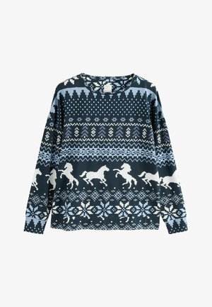 Marineblå sweater med rund halsudskæring, lange ærmer, prydet med hvide enhjørninger og geometriske mønstre i lys blå og hvid.