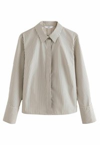 Chemise beige à manches longues avec des rayures noires verticales, col pointu, boutons avant dissimulés et larges poignets.