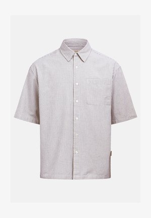 Košulja kratkih rukava s gumbima, u svijetlo bež i smeđem sitnom karo uzorku te s prednjim prsnim džepom.