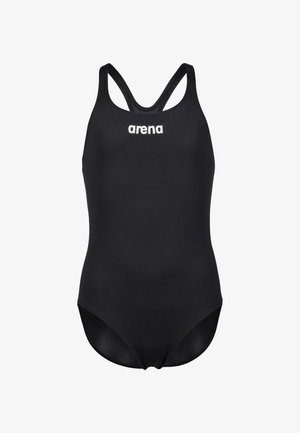 Schwarzer Einteiler-Badeanzug mit Racerback-Design, hergestellt aus glattem Material. Mit "arena"-Logo in Weiß über der Brust.