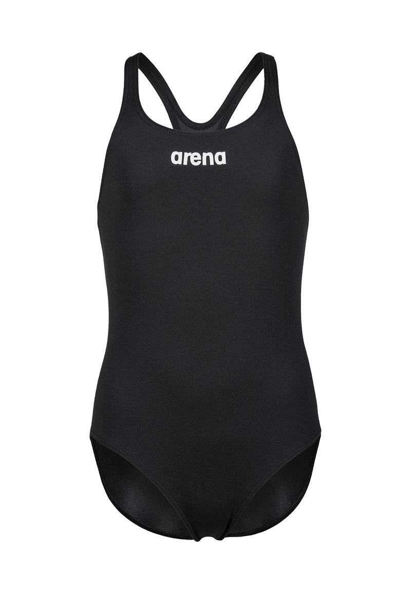 Sort heldragt badedragt med racerback-design, lavet af glat stof. Har "arena" logo i hvidt tværs over brystet.
