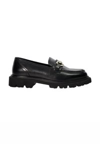 Black leather loafer with a flat, textured sole and a decorative metal buckle accent. Features rounded toe and classic stitching details.