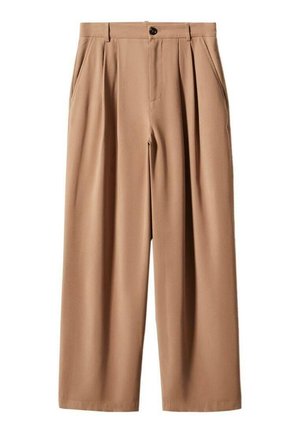 Beige geplooide wijdvallende broek met zijzakken, riemlussen en een knoopsluiting in de taille.