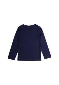Camicia a maniche lunghe in cotone blu navy con collo girocollo e texture liscia. Nessun motivo o accentuazione visibile sul retro.