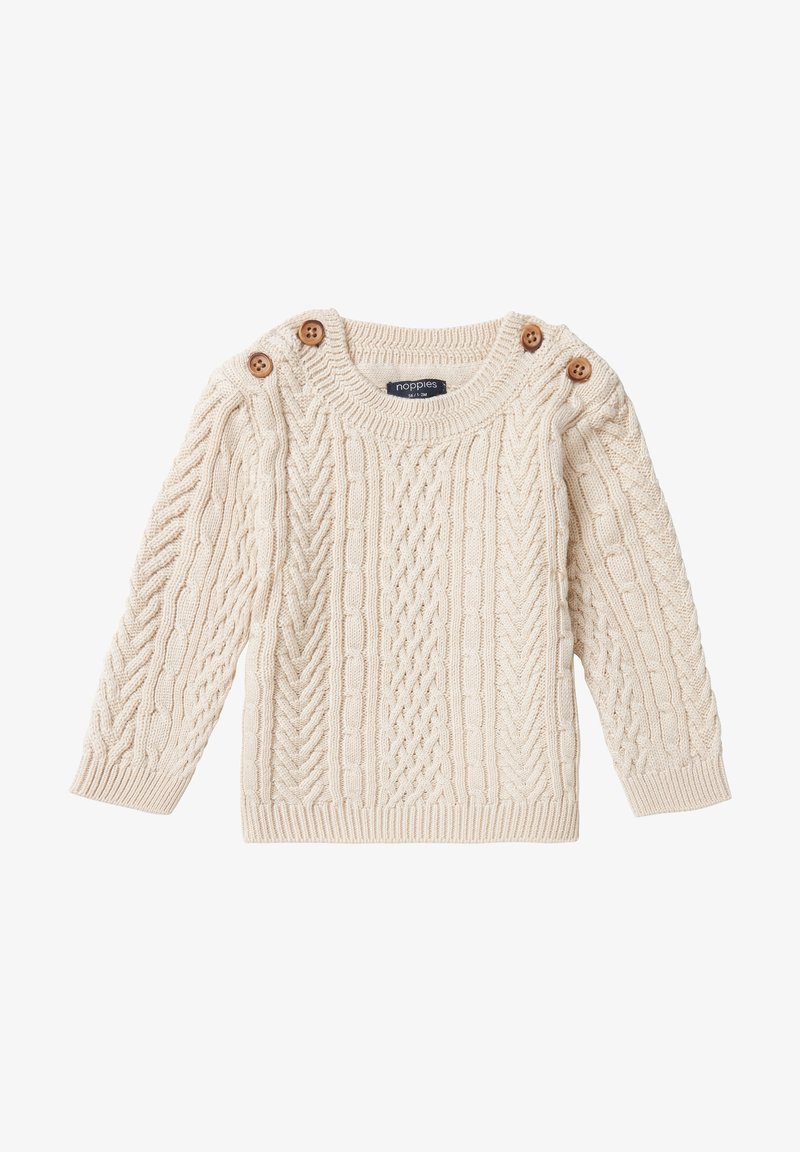 Pull bébé tricoté couleur crème avec motifs torsadés et quatre boutons marron sur la zone des épaules.