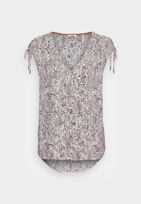 Blouse à manches courtes avec un col en V, présentant un motif abstrait multicolore sur un fond clair, épaules avec cordon ajustable et ourlet arrondi.