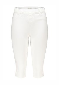Pantalon capri blanc avec une taille élastique, deux poches avant et une texture de tissu lisse. L'ourlet se termine au milieu du mollet.