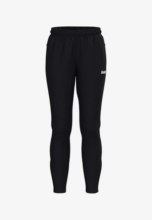 Schwarze athletische Jogginghose mit elastischem Bund und "JAKO"-Logo auf dem oberen rechten Oberschenkel, dargestellt vor weißem Hintergrund.