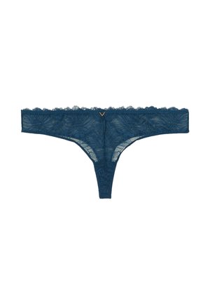 String en dentelle bleu canard avec motif floral, bords festonnés et un petit accent doré à l'avant. Matière légère et semi-transparente.