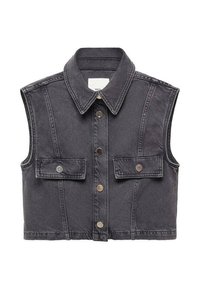 Ärmellose Denimweste in Dunkelgrau, mit spitzem Kragen, zwei vorderen Taschen und Knopfverschlüssen entlang der Mitte zum Schließen.