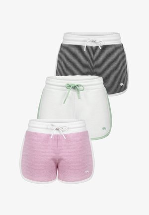 Drie paar shorts: zwart-wit gestreept, egaal wit met groene accenten, en roze gestreept. Ze zijn allemaal voorzien van elastische taillebanden en trekkoorden.