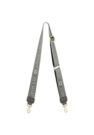 Gray fabric strap with "HEY MARLY" logo, adjustable length, featuring metallic gold hardware and trigger clips for attachment. Smooth texture.