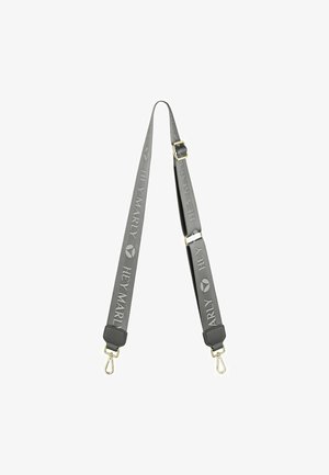 Gray fabric strap with "HEY MARLY" logo, adjustable length, featuring metallic gold hardware and trigger clips for attachment. Smooth texture.