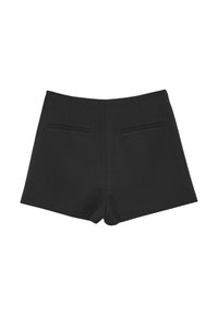 Schwarze Shorts mit maßgeschneidertem Design, ausgestattet mit zwei Gesäßtaschen und einer glatten Textur. Die Form ist figurbetont und kurz.