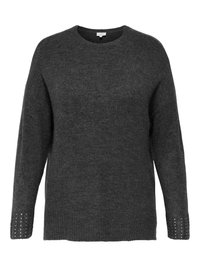 Dark gray knitted sweater with a round neck, relaxed fit, and textured sleeves featuring small decorative studs along the cuffs.