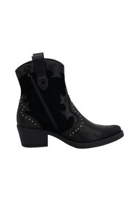 Botas negras de tobillo con punta afilada, que presentan una combinación de cuero y ante. Las recortes decorativos y los remaches añaden detalles. Cierre con cremallera lateral.