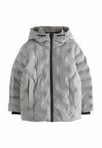 Grå vadderad puffjacka med huva, framzipper och svarta detaljer på ärmslut och sidor. Slät textur och isolerat utförande.