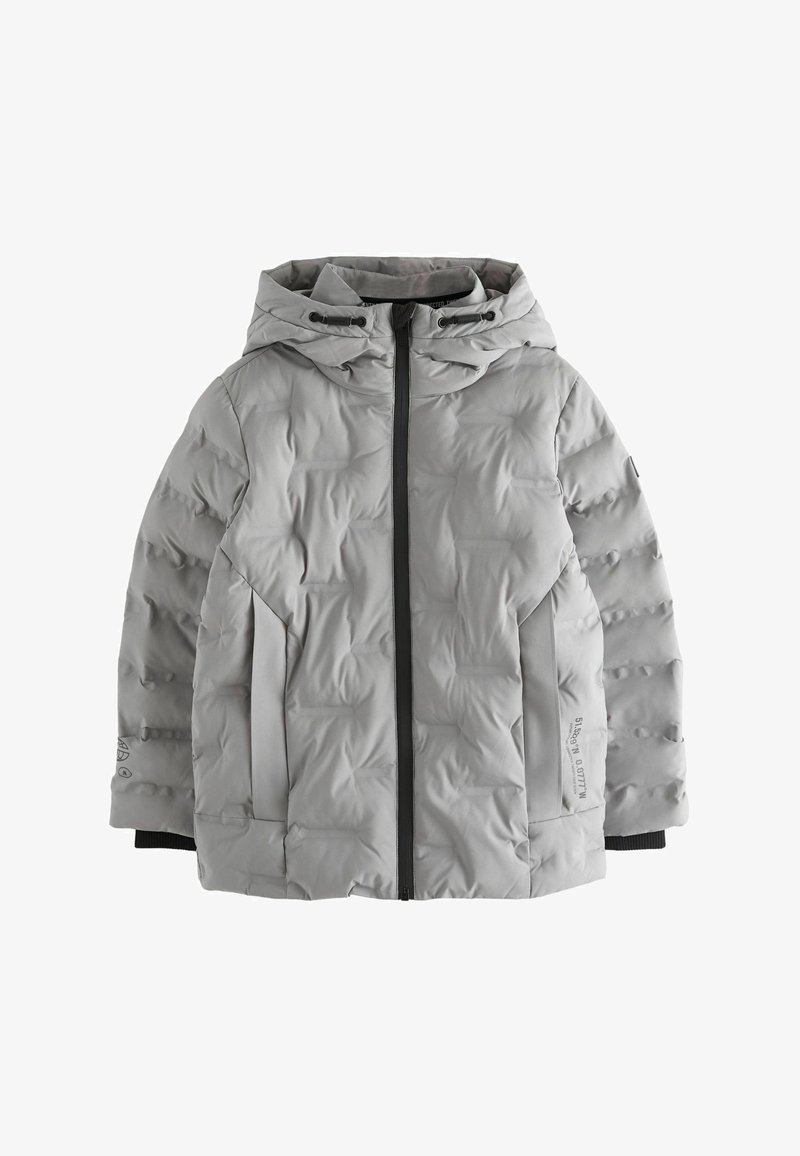 Grau gesteppte Pufferjacke mit Kapuze, Frontreißverschluss und schwarzen Akzenten an den Bündchen und Seiten. Glatte Textur und isoliertes Design.