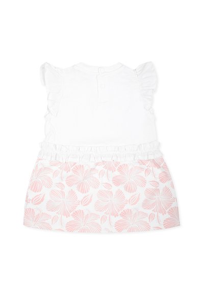 Abito bianco con motivo floreale rosa sul fondo, spalle arricciate e chiusura posteriore con bottoni. Tessuto morbido con una superficie liscia.