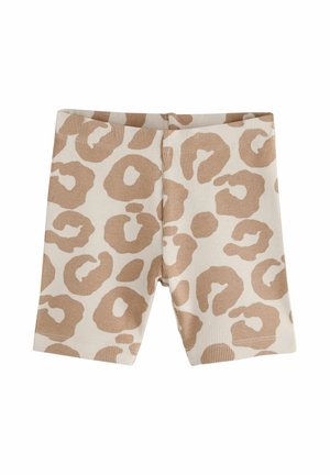 Luipaardpatroon shorts in beige en crème. Ribbelstructuur, aansluitend ontwerp, lengtemidden boven de dij, met grote onregelmatige vlekken.