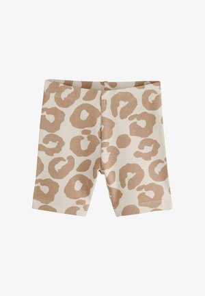 Pantaloni corti a motivo leopardo in beige e crema. Texture a coste, design aderente, lunghezza a metà coscia, con grandi macchie irregolari.