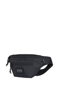 Riñonera negra hecha de tela duradera, con un bolsillo frontal con cremallera, correa ajustable y un pequeño parche con el logo en la parte delantera.