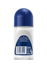 Weißer Roll-On-Deodorant mit blauem, abgerundetem Deckel, zylindrischem Glasgehäuse, auf der Rückseite mit Produktinformationen in mehreren Sprachen.