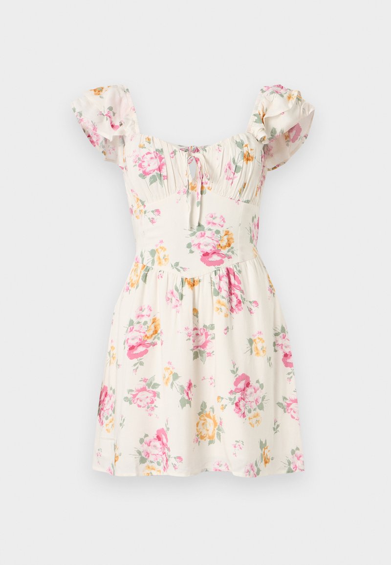 Blumenkleid aus cremefarbigem Stoff, mit rosa und gelben Blumen, kurzen Puffärmeln, gerafftem Oberteil und weitem Rockdesign.