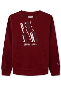 Felpa bordo con collo a giro, tasca frontale e testo in grassetto "PEPE JEANS DENIM BRAND". Materiale morbido, polsini e orlo a coste.