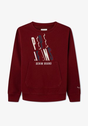 Felpa bordo con collo a giro, tasca frontale e testo in grassetto "PEPE JEANS DENIM BRAND". Materiale morbido, polsini e orlo a coste.