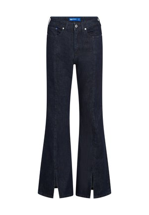 Mørkeblå denim flared jeans med frontsplitt ved kanten, fem lommer og en merkebånd i livet. Glatt tekstur og en strukturert form.