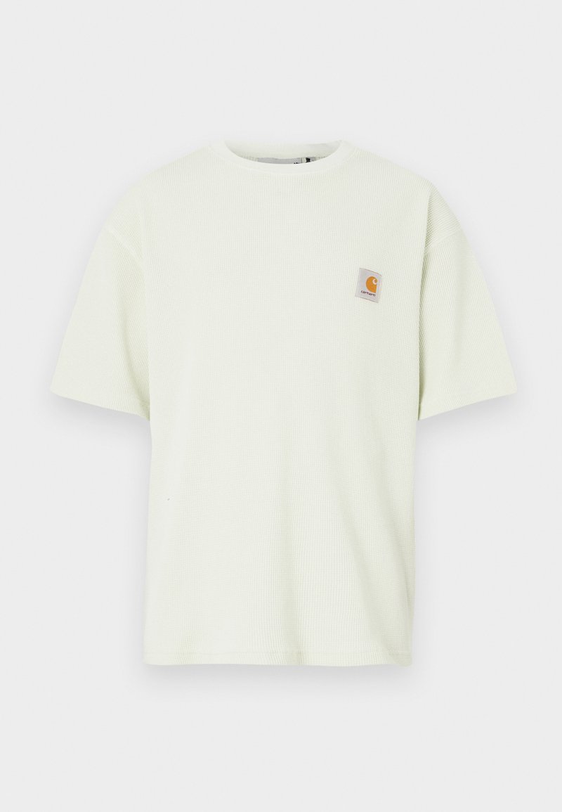 Light green short-sleeve t-shirt in textured fabric with a relaxed fit, featuring a small square logo patch on the chest.
