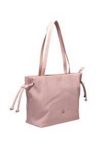 Borsa a tracolla in tessuto rosa con due lunghe maniglie, chiusure con coulisse sui lati e un semplice logo sul fronte.