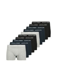 Set van tien boxer shorts in verschillende kleuren: grijs, marineblauw en zwart. Elke short heeft een elastieken tailleband met het merk "JACK & JONES" erop gedrukt.