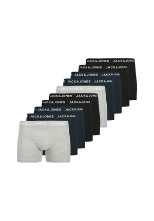 Set mit zehn Boxer-Shorts in verschiedenen Farben: grau, marineblau und schwarz. Jede Shorts hat einen elastischen Bund mit der Aufschrift "JACK & JONES".