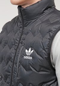 Chaleco de plumas negro con un patrón acolchado, cuello alto y cremallera frontal. Presenta el logo blanco de Adidas en el pecho y un forro interior de contraste gris.