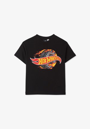 T-shirt in cotone nero con una grafica colorata "Hot Wheels" al centro, con fiamme, motivo a scacchi e disegno di pneumatico. Maniche corte.