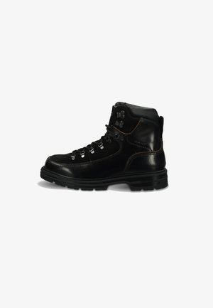 Black leather hiking boot with metal eyelets, padded ankle, sturdy sole, and contrast stitching on a white background.