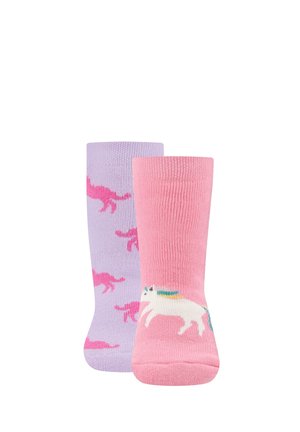 Pair of children's socks, one pink with a white unicorn and the other lavender with multiple pink unicorns.